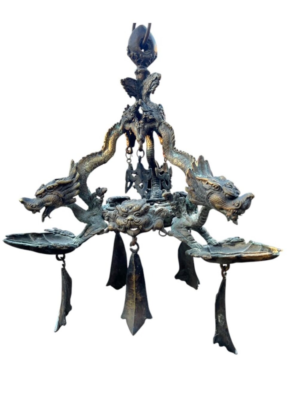 Antique Bronze Old Tibet Triple Dragon Hanging Oil Lamp Intricate 14" T Patina
